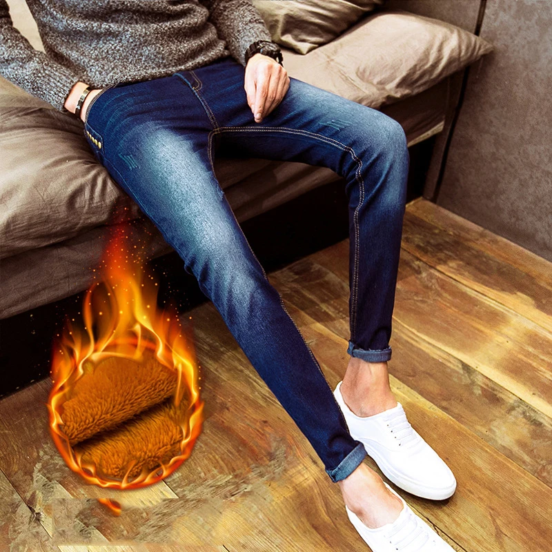 New arrival 2020 autumn winter Casual thicken thermal Fleece men's add wool Denim teenagers pencil pants hot men's jeans