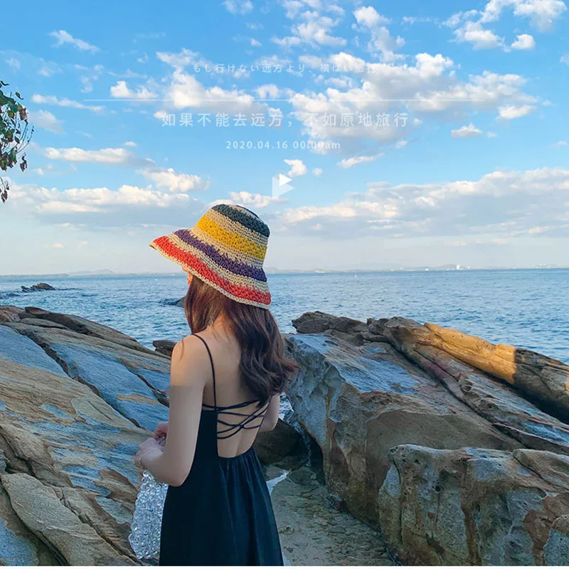 Sombrero de paja de ganchillo para mujer, visera plegable con protección UV, Arco Iris, hecho a mano, para playa, verano, 2021