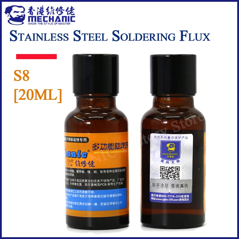 

MECHANIC S8 Welding PCB Tool 20ml Stainless Steel Flux Soldering Stainless Steel Liquid Solders Water Durable Liquid Flux Solder