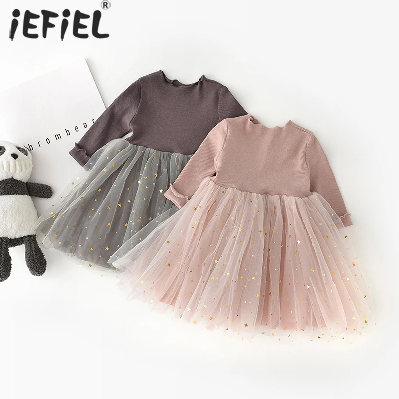 

9M-4T Toddler Baby Girls Dress Long Sleeve Tulle Mesh Flower Princess Dress Sequined Stars Dresses For Girls Spring Autumn