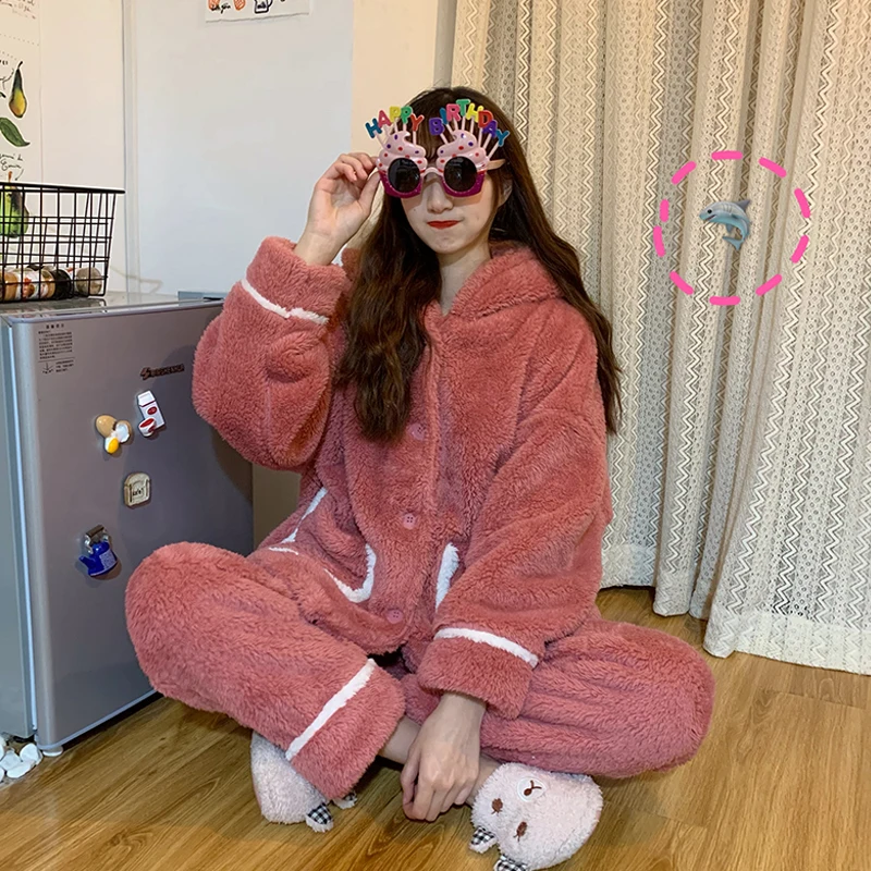 Autumn Winter Women Cute Pajamas Sets Cartoon Shark Hooded Sleepwear Coral Fleece Lady Home Clothes Female Sweet Warm Pyjamas