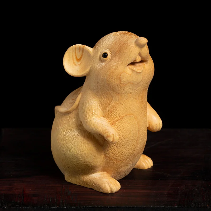 Charming and Delicate Feng Shui Mouse Wood Carving - Masterfully Crafted Small Wooden Sculpture Perfect for Enhancing Home