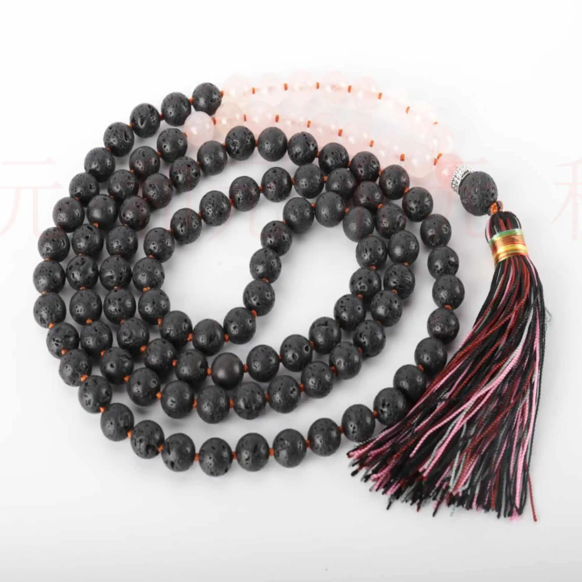 6mm 108 mala Natural pink Crystal lava gemstone bead necklace Relief Taseel Chain Bohemia Mala Wrist Pray Yoga Mala Dark Matter