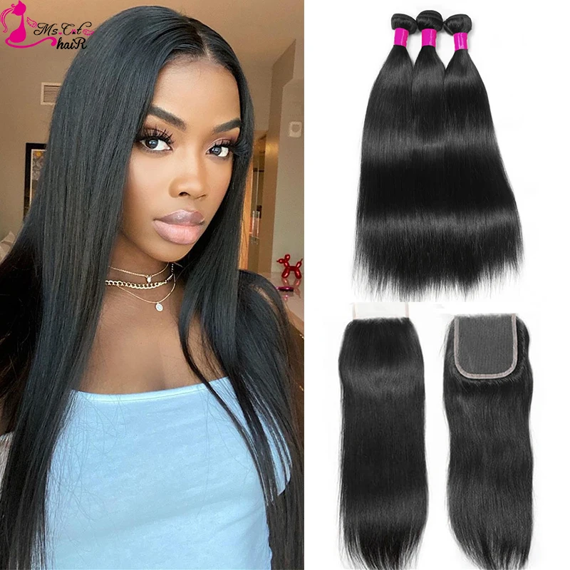 Ms Cat Hair Malaysian Straight Human Hair Bundles With 4x4 Lace Closure 4 pcs/lot Remy Hair Weave 3 Bundles Deals with Closures