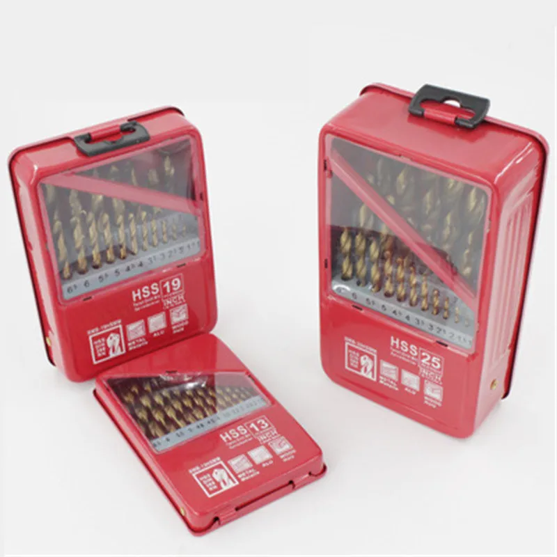 Juego de brocas helicoidales de acero de alta velocidad, herramientas de carpintería de aluminio y hoja de hierro fino, chapadas en titanio, 13/19/25 unidades