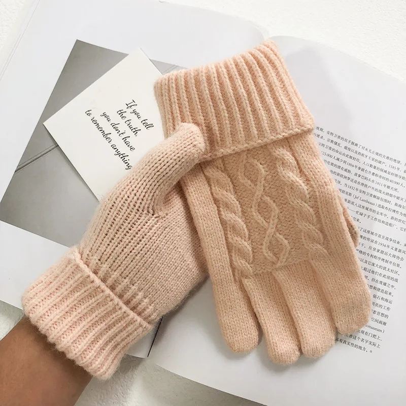 Guantes de lana de punto para mujer, manoplas suaves y elásticas, con patrón de pantalla táctil, mantiene el calor, terciopelo grueso, estilo Simple y a la moda, Invierno