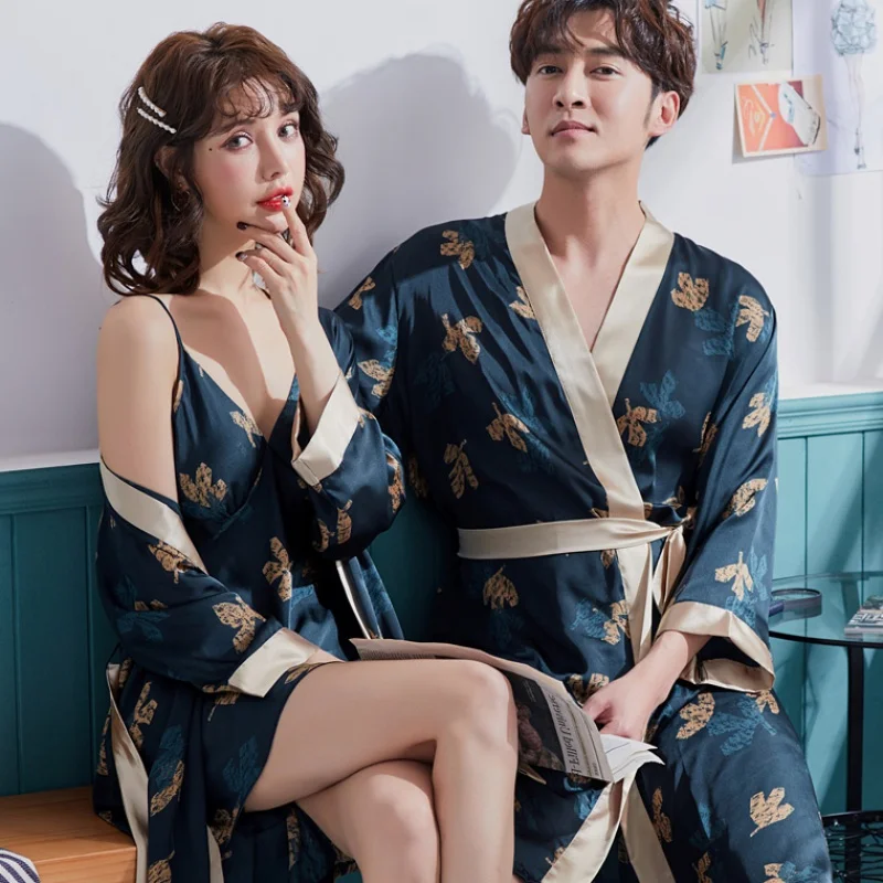 Luxury Print Men's Silk Kimono Robe Lovers Vacation Long Sleeve Sleepwear Bathrobe Wedding Satin Nightgown Summer Home Clothing