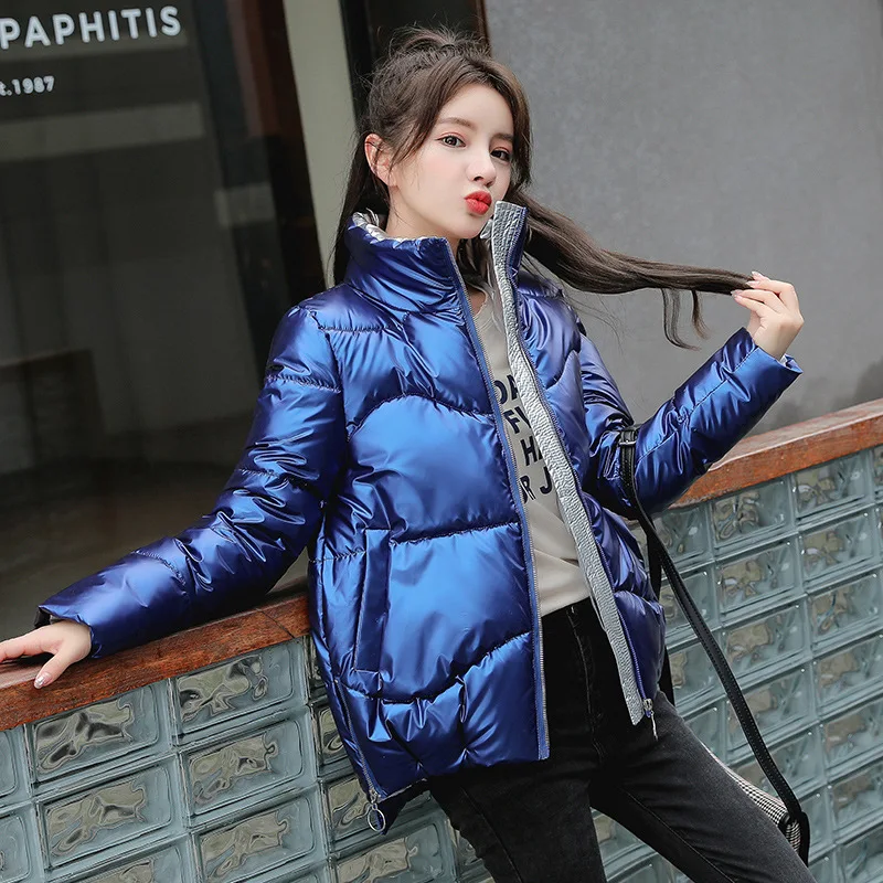 Veste courte de luxe à col montant pour femme, style coréen, ample, tendance, petite étudiante, vêtements d'hiver, bleu, 3XL