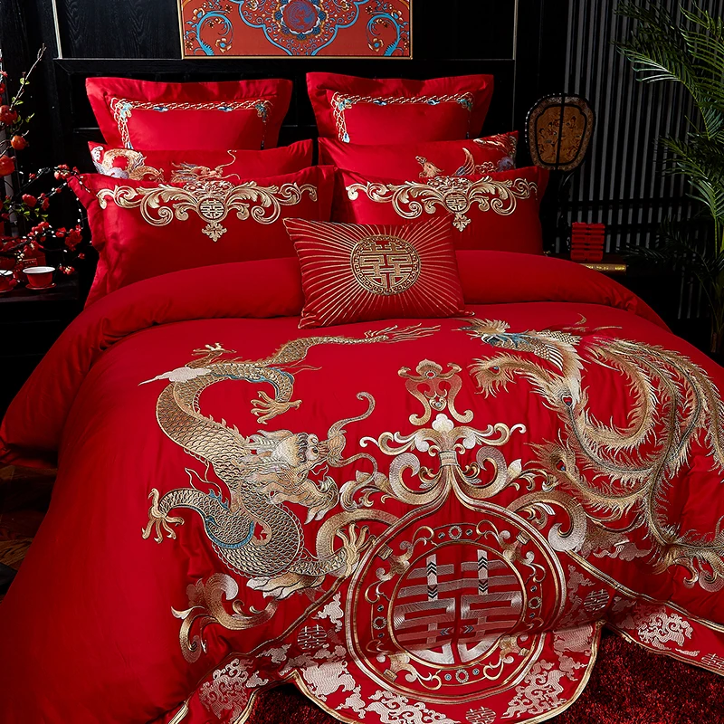 Luxury Dragon Phoenix Embroidery Duvet Cover Set 100%Cotton Chinese Wedding Red Bedding Bed Sheet Pillow Cover Queen King Size