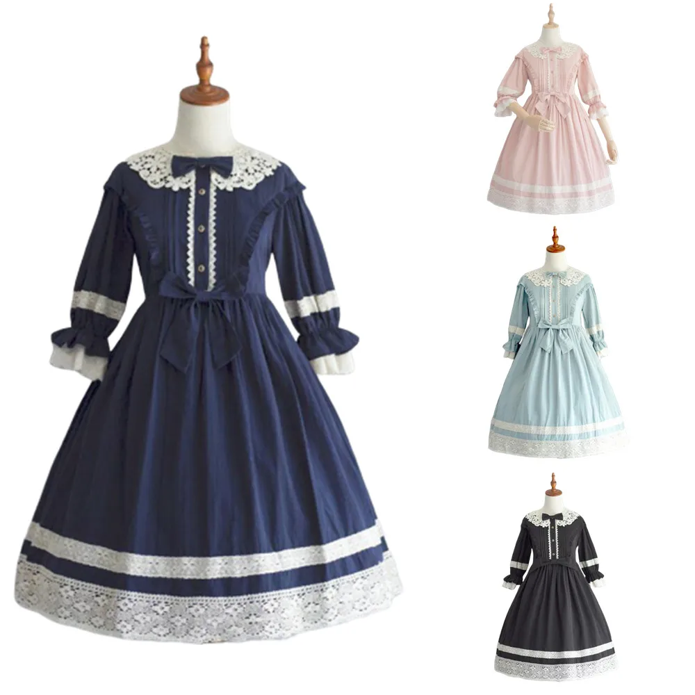 

Women Medieval Vintage Court Dress Lace Skirt Gothic Style Lolita Women's Bow Three Quarter-sleeved Women Princess Dress