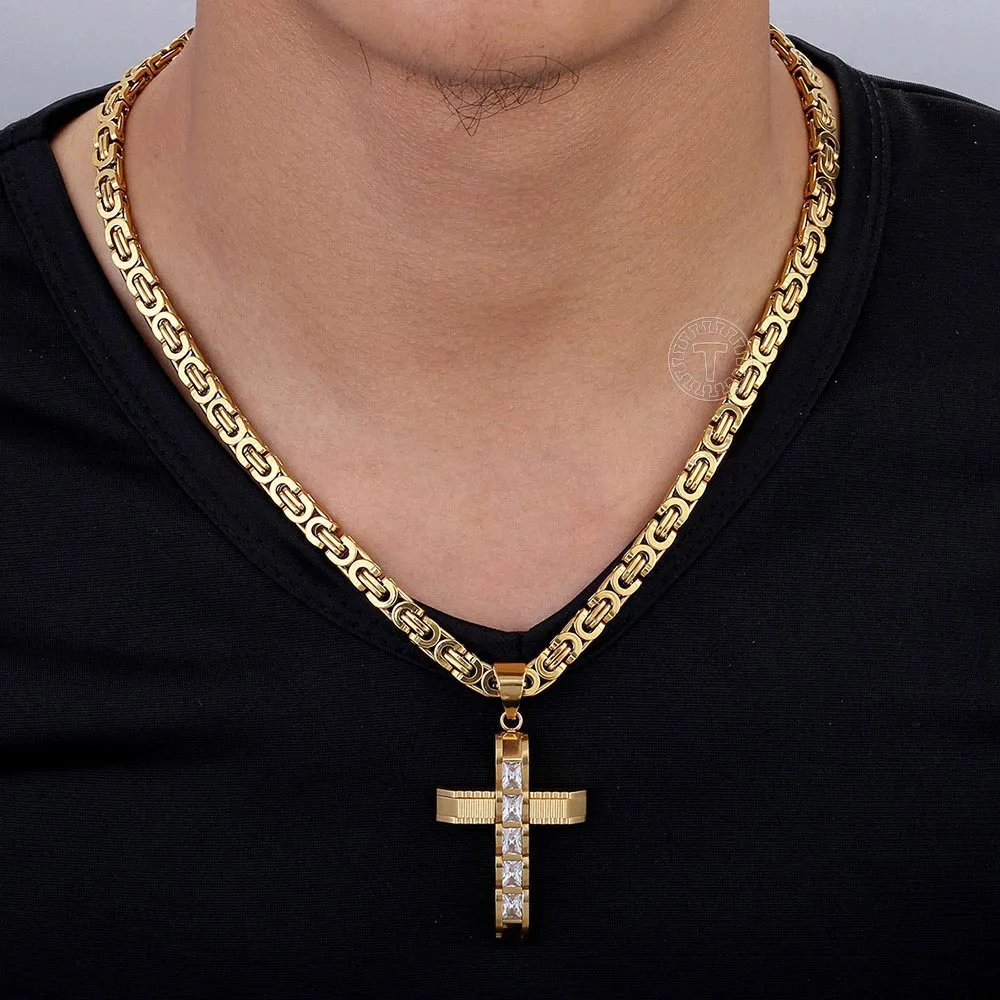 Men's Cross Necklace Gold Color Black Stainless Steel Byzantine Chain Necklace Male Jewelry Dropshipping Gifts for Men KPM86