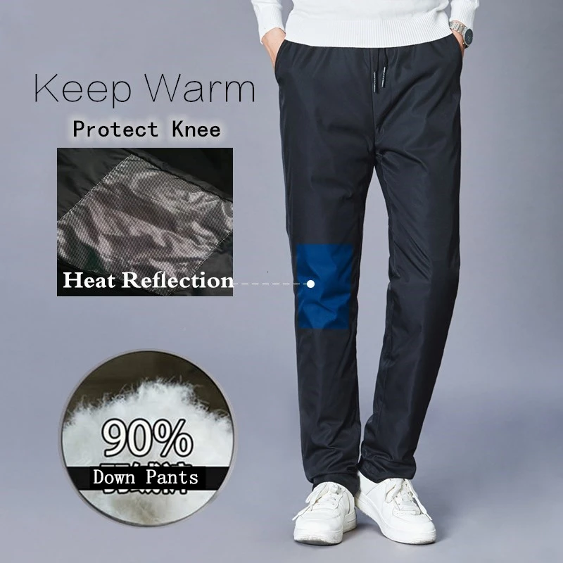 4XL Mens Down Pants Winter Outdoor Hiking Sports Warm Pants Thicken Windproof Thermal Loose Straight Down Cotton Trousers