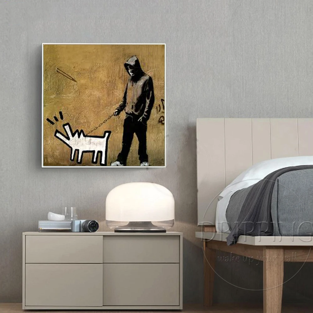 Professional Artist Hand-painted American Street Art A Man and Dog Oil Painting Pop Fine Art Street Style Man and Dog Painting