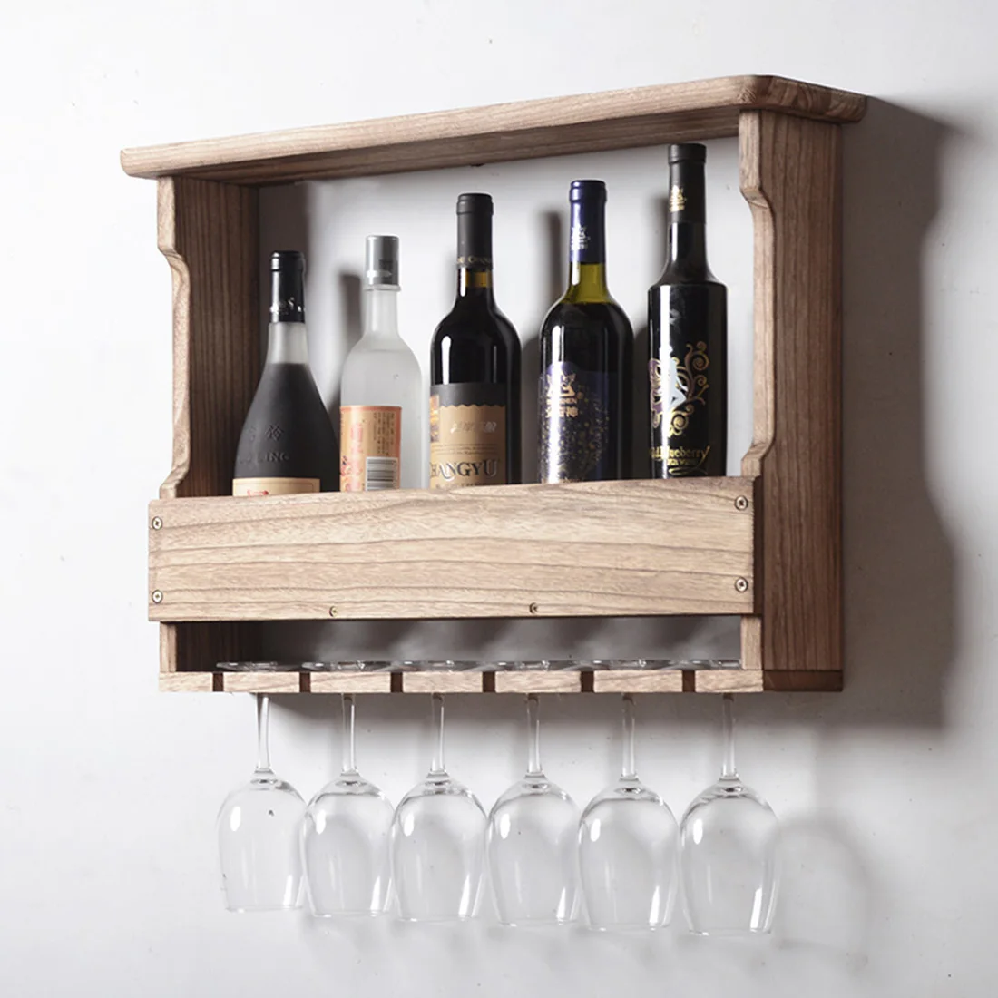 Wooden Wall Mounted Wine Glass Holder Wine Bottle Storage Rack Storage Stand Home Organizer Kitchen Shelf - Light Color