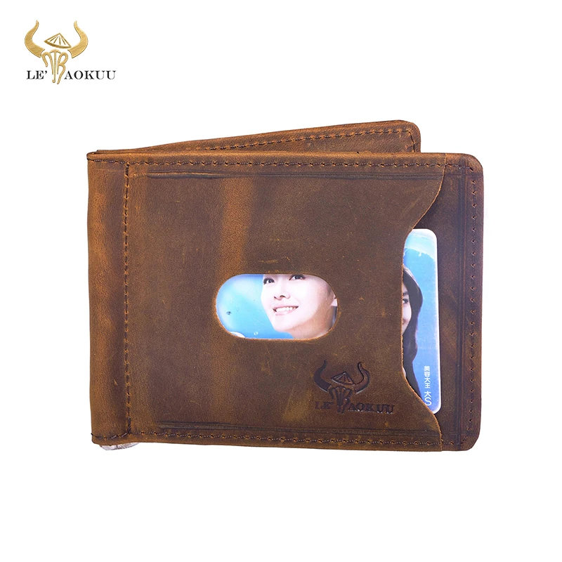 Quality Leather Men Magnetic Money Clip Gift Wallet Card Photo Holder Case Design Front Pocket Wallet Mini Purse Male 1098