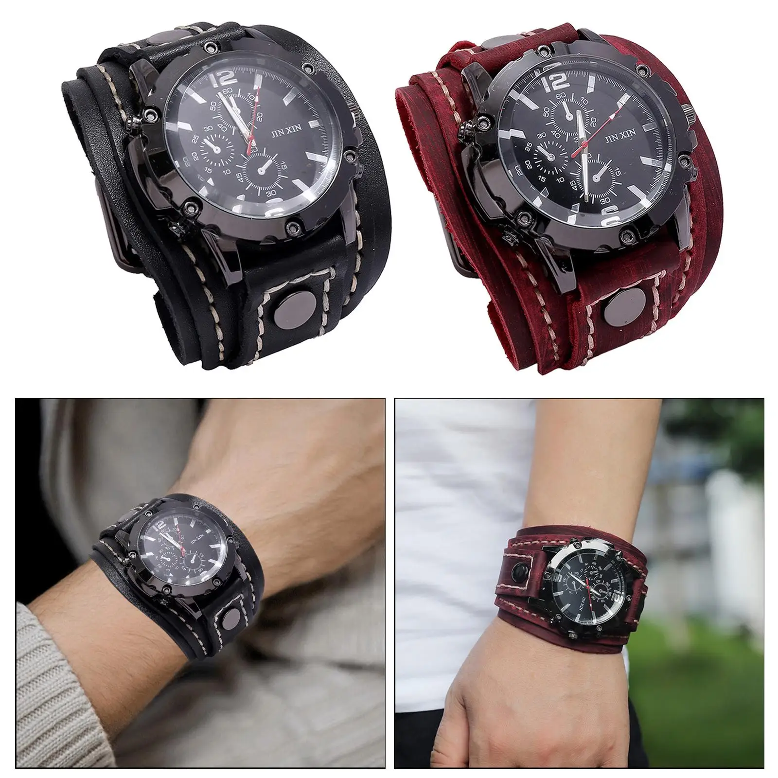 Retro Punk Men Wristwatch Male Watch Bangles Leather Strap Cuff Hybrid Design Quartz for Men Boyfriend Father Colleagues Male