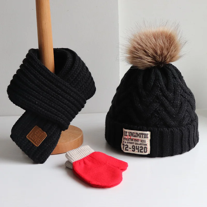 Bonnet de pull en tricot épais et chaud pour enfants, 3 pièces, pour garçons et filles, avec des gants silencieux pour bébés, collection