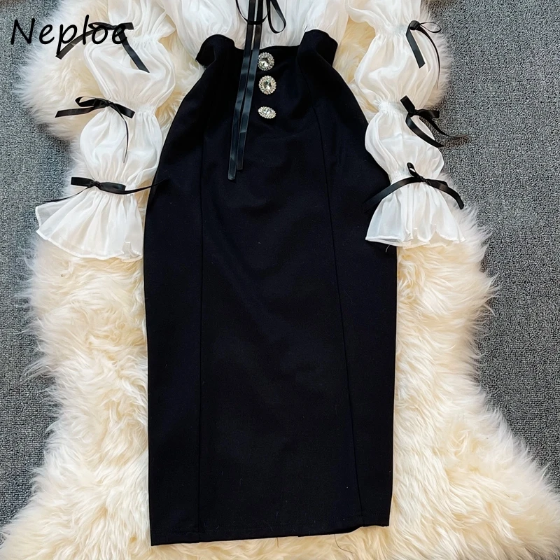 Neploe Elegant Hollow Out Backless Bow Drawstring Belt Vestidos Woman Square Collar Patchwork Button Hip Slim Dress Ladies Robe