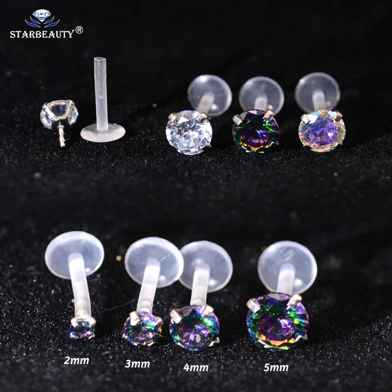 2Pcs  Rainbow Clear AB Zircon Bioplast Labret Monroe Lip Stud Ear Cartiliage Tragus Helix Piercing stud Ring 16g Body Jewelry