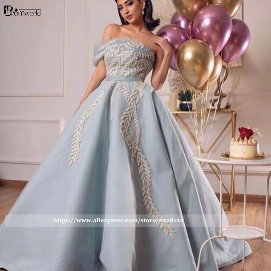 플러스 사이즈 아랍어 이브닝 드레스 2021 Vestidos De Fiesta Sky Blue Strapless Party Ball 가운 Lace Dubai Formal Prom Dress Long