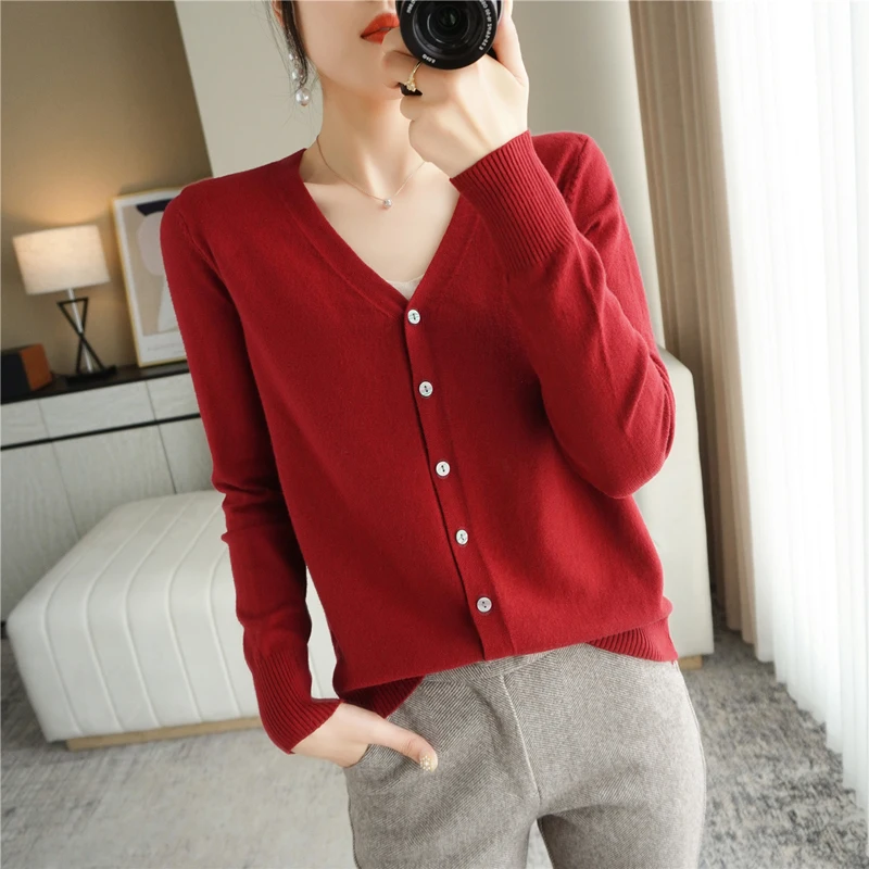 Spring Autumn New V-Neck Knitted Cardigan Women\'s Loose Large Size Thin Sweater All-Match Jacket Pure Color Basic Small Cardigan