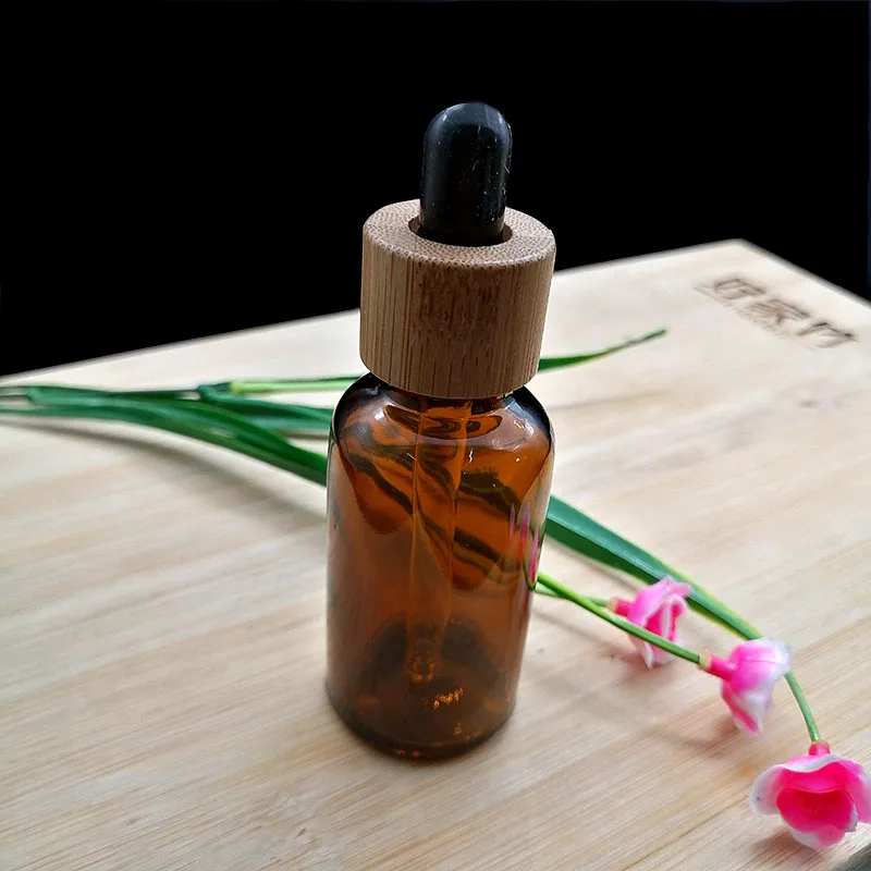 30ml brown glass  serum cap amber dropper bottle with bamboo lid