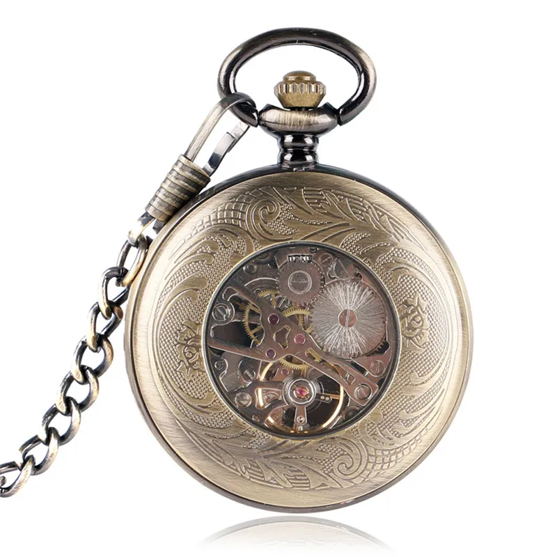 Steampunk Carved Shield Case Unisex Hand-winding Mechanical Skeleton Pocket Watch FOB Clock Collectable Pendant Chain Gifts