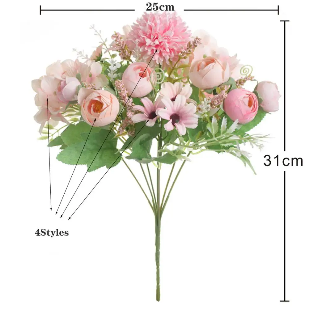 1pcs mixed flower beautiful peony artificial flower hydrangea silk fake bouquet for home wedding decoration DIY dandelion foam