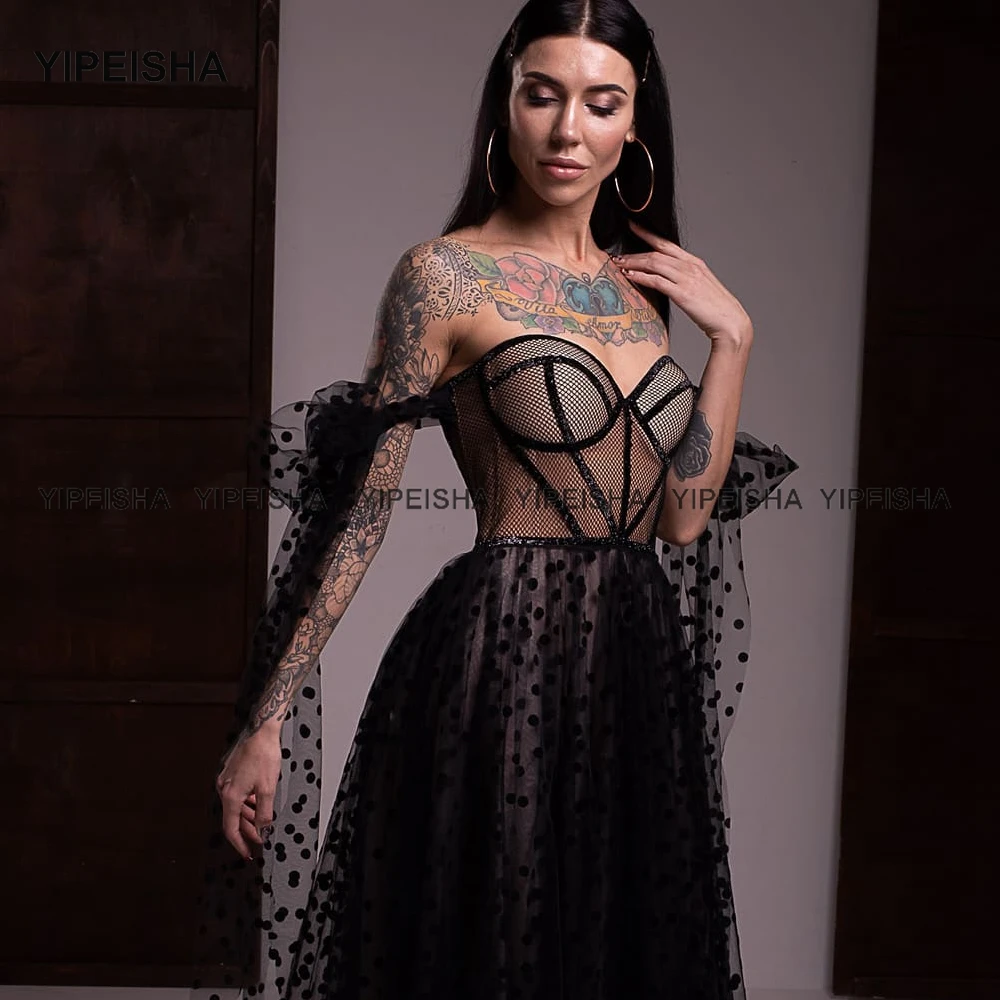 Yipeisha Dot Tulle długie suknie wieczorowe Sexy off-ramię formalna sukienka czarny Vestido de Festa suknia na przyjęcie ślubne Plus rozmiar