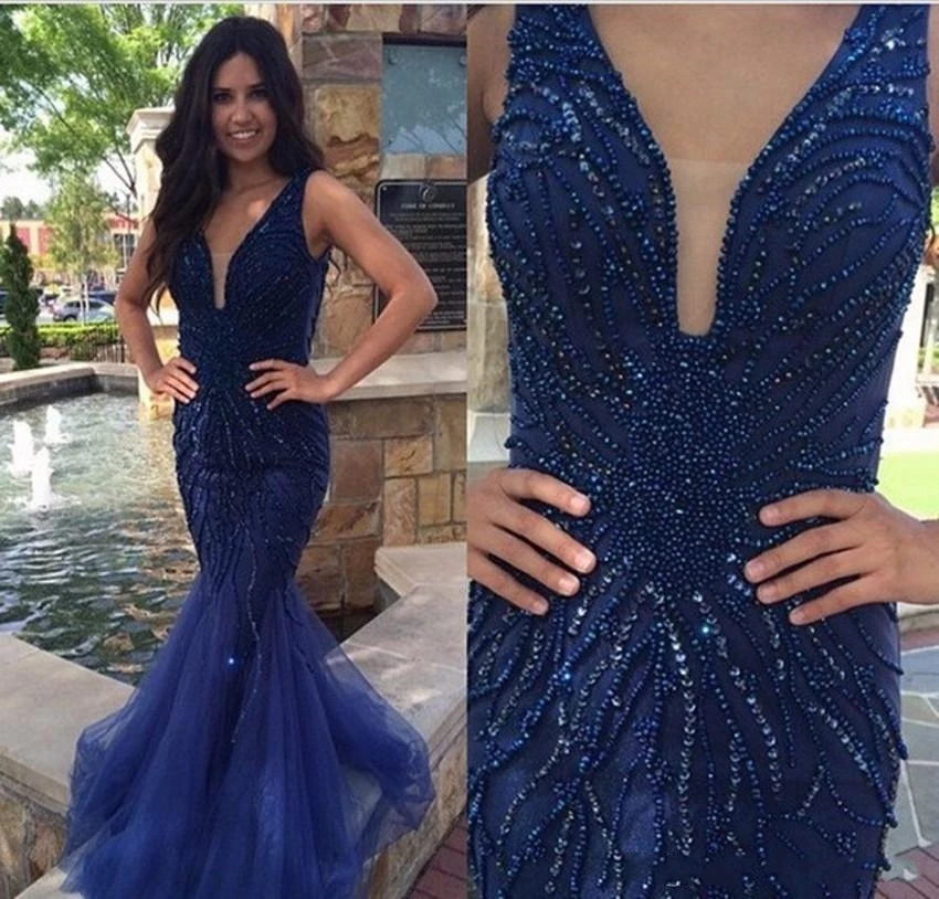 2025 Fashion Mermaid Evening Dresses Navy Blue Tulle V Neck With Beaded Prom Formal Party Gowns Customized Vestidos De Formatura