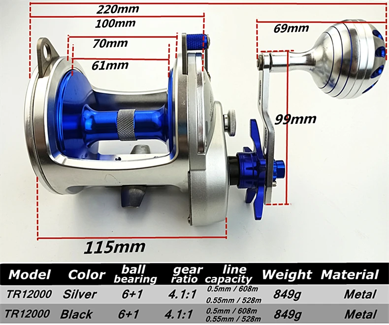 TR10000 Full Metal Heavy Trolling Reel Strong 30kg Drag Power Blue See Boat Fishing Big Drum Reel Right Hand Baitcasting Reel