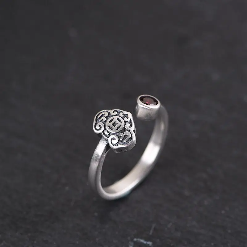 S925  silver original design Chinese style retro inlaid red cubic zirconia Thai silver charm exaggerated women ring