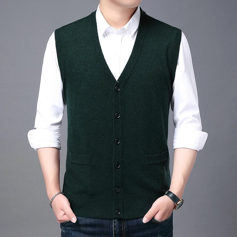 

Man Cashmere Cardigan Casual V-Neck Knit Coat Male Sleeveless Wool Sweater Buttons Knitwear With Pockets