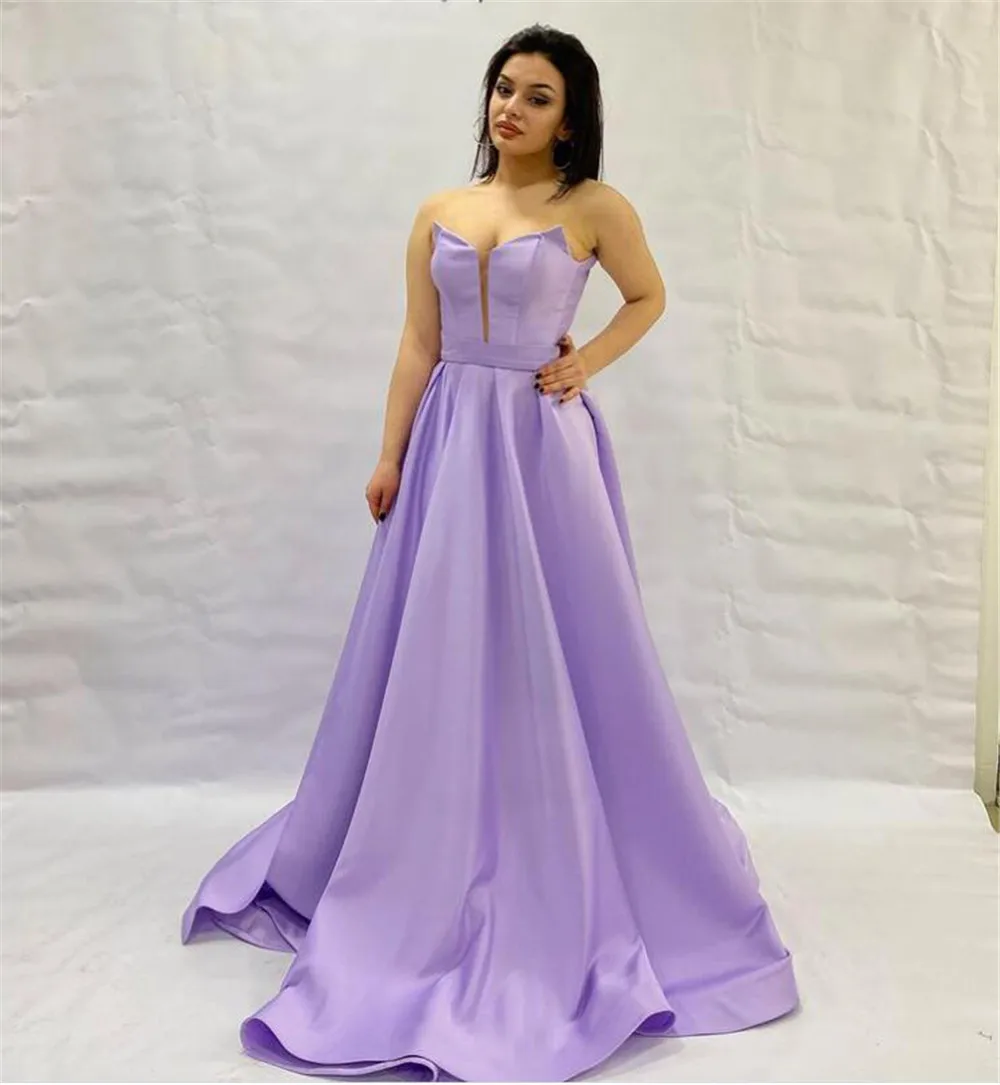 Eeqasn Lilac Satin Evening Party Dresses Long Scalloped Neckline Prom Gowns With High Slit Women Formal Special Occasion Dress