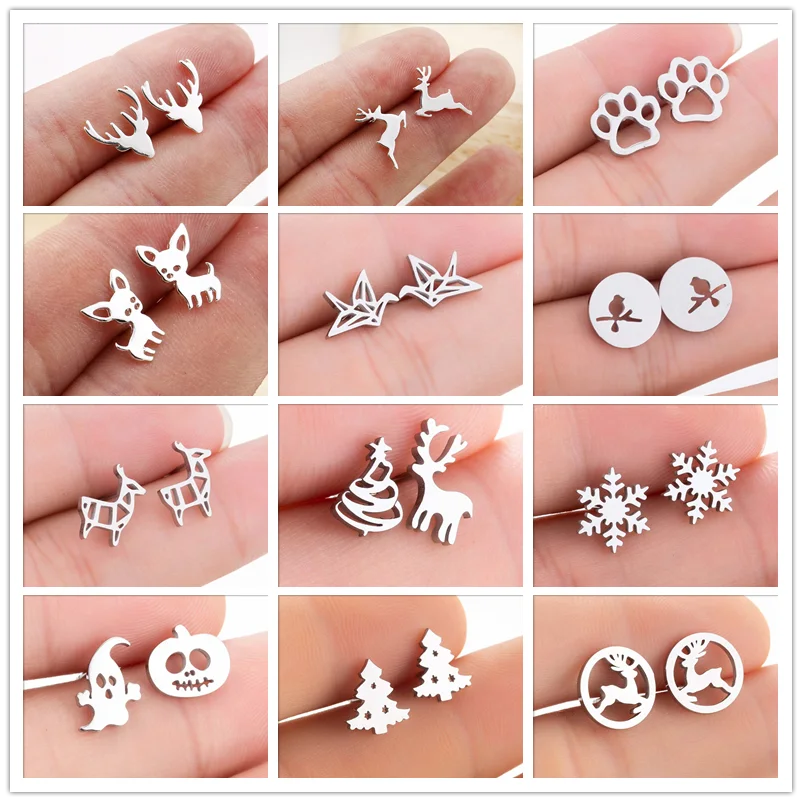 Multiple Small Stainless Steel Stud Earrings for Women Girls Bijoux Fashion Deer Snowflake Ghost Earings Jewelry Christmas Gifts