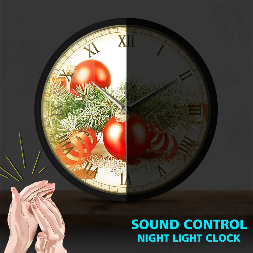 Merry Christmas Night Light Wall Clock Ornament Holiday Sound Activated Light Emitting Wall Clock Quiet Sweep Quartz Timepiece