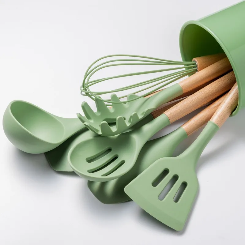 Green Cooking Kitchenware Tool Silicone Utensils With Wooden Multifunction Handle Non-Stick Spatula Ladle Egg Beaters Shovel