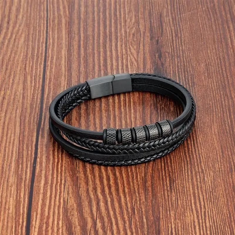 Luxury Stainless Steel Beaded Bracelet Fashion Men\'s Jewelry Classic Multilayer Braided Leather Bracelet Homme New Year Men Gift