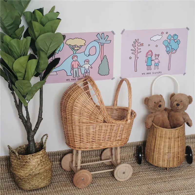 Baby Photography Props Retro Rattan Baby Stroller Toy Photo Studio Baby Doll Carriage Children\'s Room Decoration Baby Doll Cart