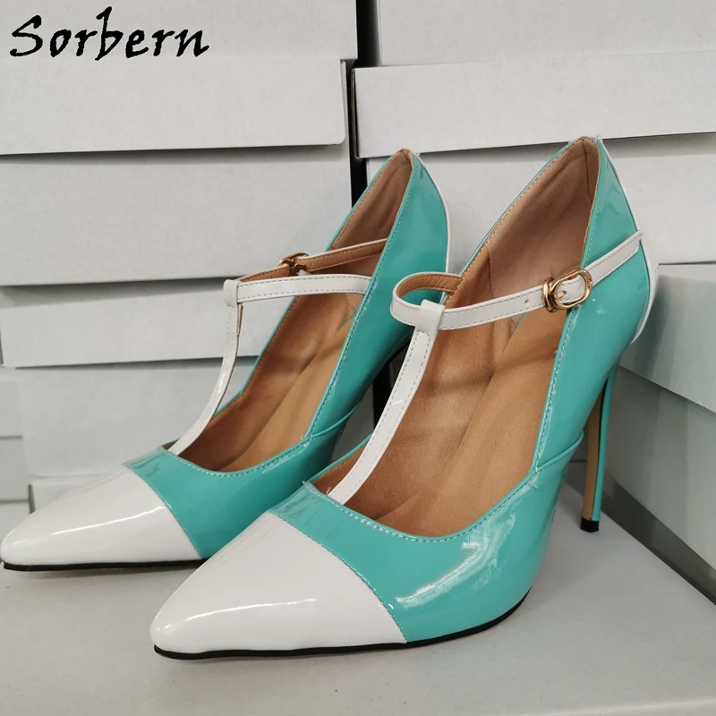 Sorbern t-strap women pump high heel stilettos white green heels pointy toe pumps women shoes 12cm /7.5cm heeled footwear