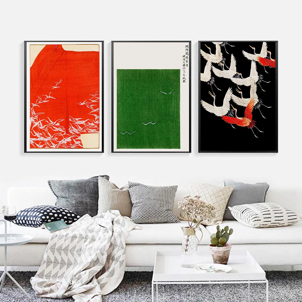 Woodblock Crane Print and Poster Vintage Japanese Oriental Wall Art Canvas Painting Home Decorative Modular Pictures for Bedroom