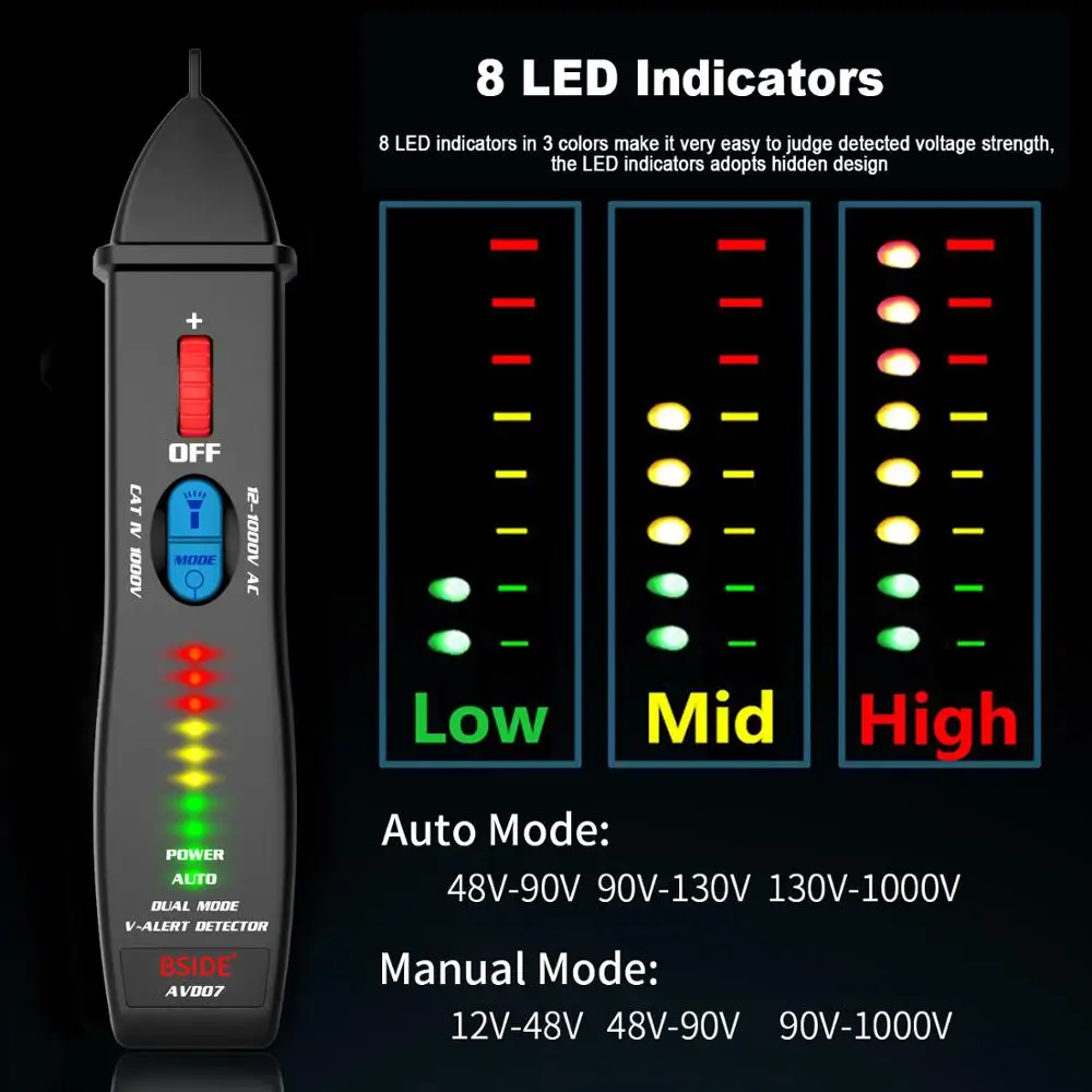 BSIDE Non-contact Voltage Detector Indicator Smart Electric Pen Tester Live/Neutral wire distinction Continuity check NCV Test