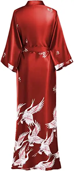 Print Crane Lady Kimono Bathrobe Gown Women Wedding Robe Loose Soft Satin Nightgown Sleepwear V-neck Long Novelty Nightwear