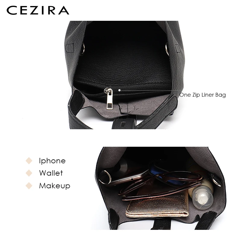 CEZIRA Brand Designer PU Vegan Leather Bucket For Women Luxury Top-handle Tote Shoulder Bags Female Fashion Crossbody Handbags