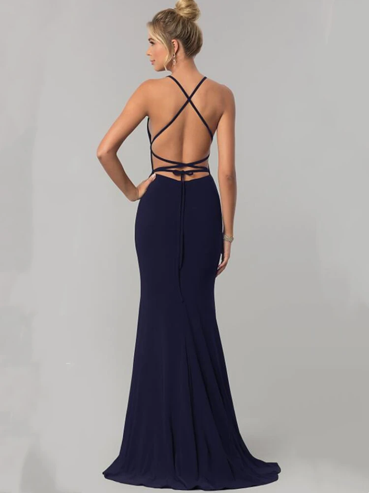 Sexy Rot Navy Blau Backless Meerjungfrau Prom Kleider 2021 Ärmel Boot-ausschnitt Satin Roben De Soirée Für Frauen Abend Party kleid