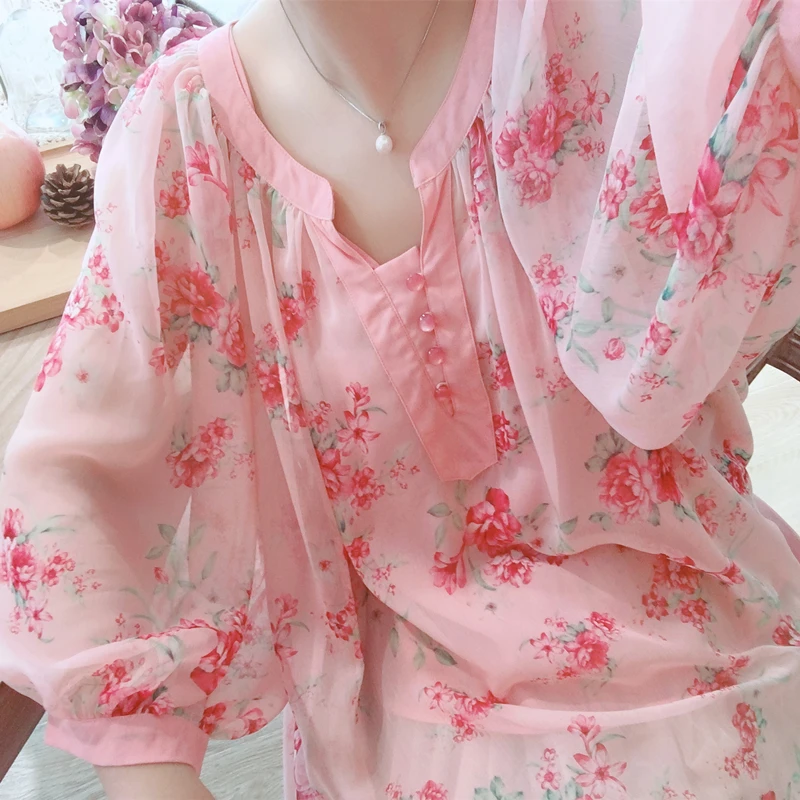 Summer Original Design Women Fresh Sweet Pink Oversized Blouses Lantern Sleeve Floral Print Casual Loose Chiffon Shirts