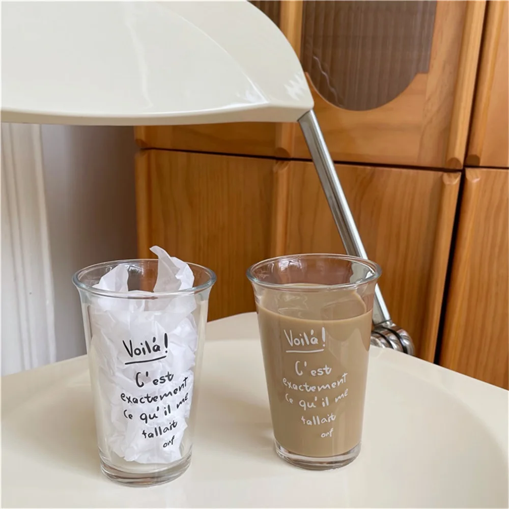 450Ml Large Capacity Coffee Cup French Letters Retro Glass Water Cup Niche Drinking Cup Straw Cup