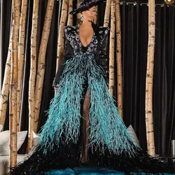 Unique Mix Color Feather A-line Evening Dresses 2024 Saudi Arabic High Side Split Crystal Formal Gowns Full Sleeves Party