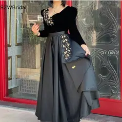 Custom made Satin V Neck Long sleeve evening dresses 2025 Velvet Black Dubai Kaftan evening gowns Formelle robes Avondjurken