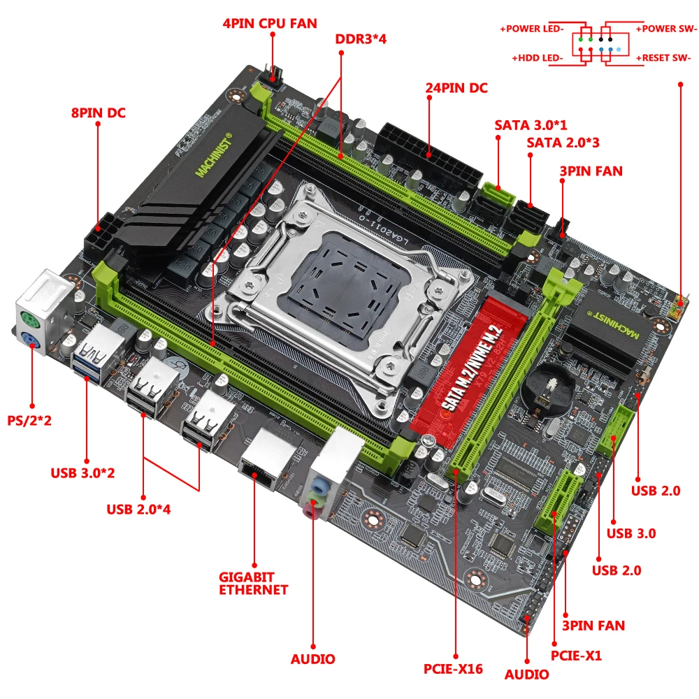 MACHINIST X79 Moederbord Ondersteuning LGA 2011 Xeon E5-serie CPU-processor DDR3 ECC RAM SATA NVME M.2 Vierkanaals USB 3.0 SATA 3.0